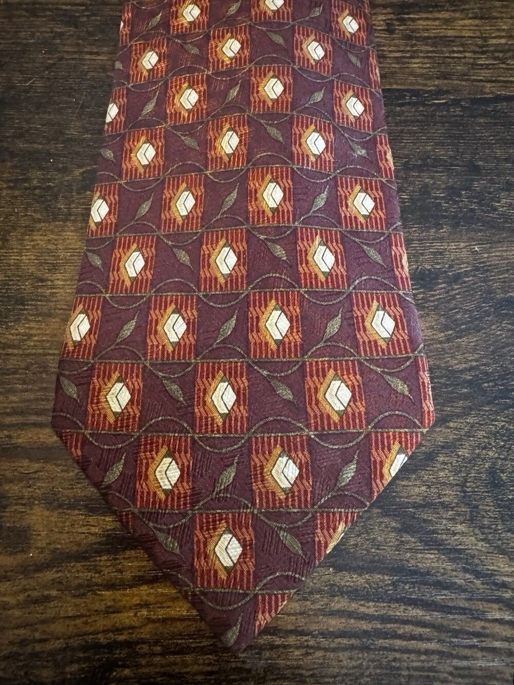 Vintage Ermenegildo Zegna Silk Tie Burgundy Geometric Panels Signature Italy